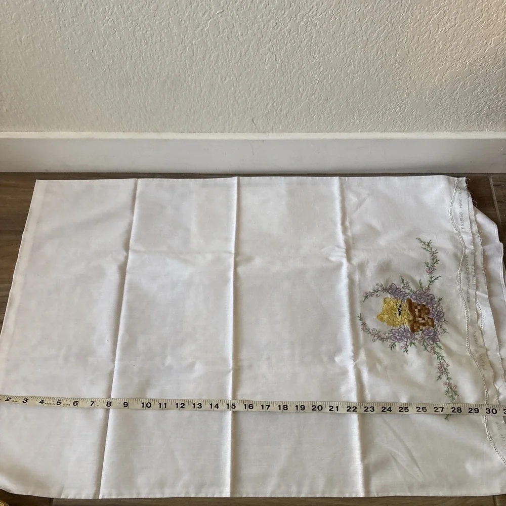 2 White Pillow Cases Embroidered Needle Cats In Baskets Pillowcases- Unfinished
